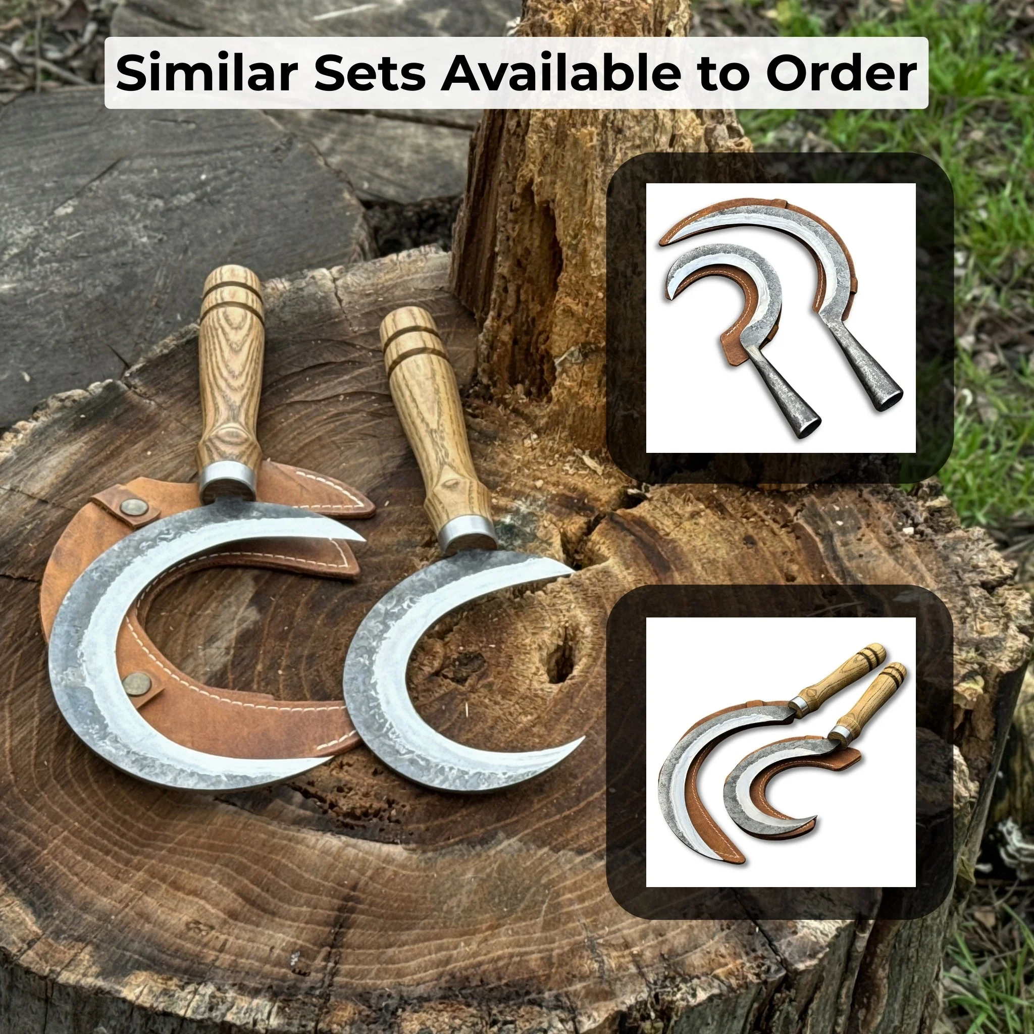 2-Piece Hand-Forged Sickle Set with Leather Sheaths for Gardening - Image 11