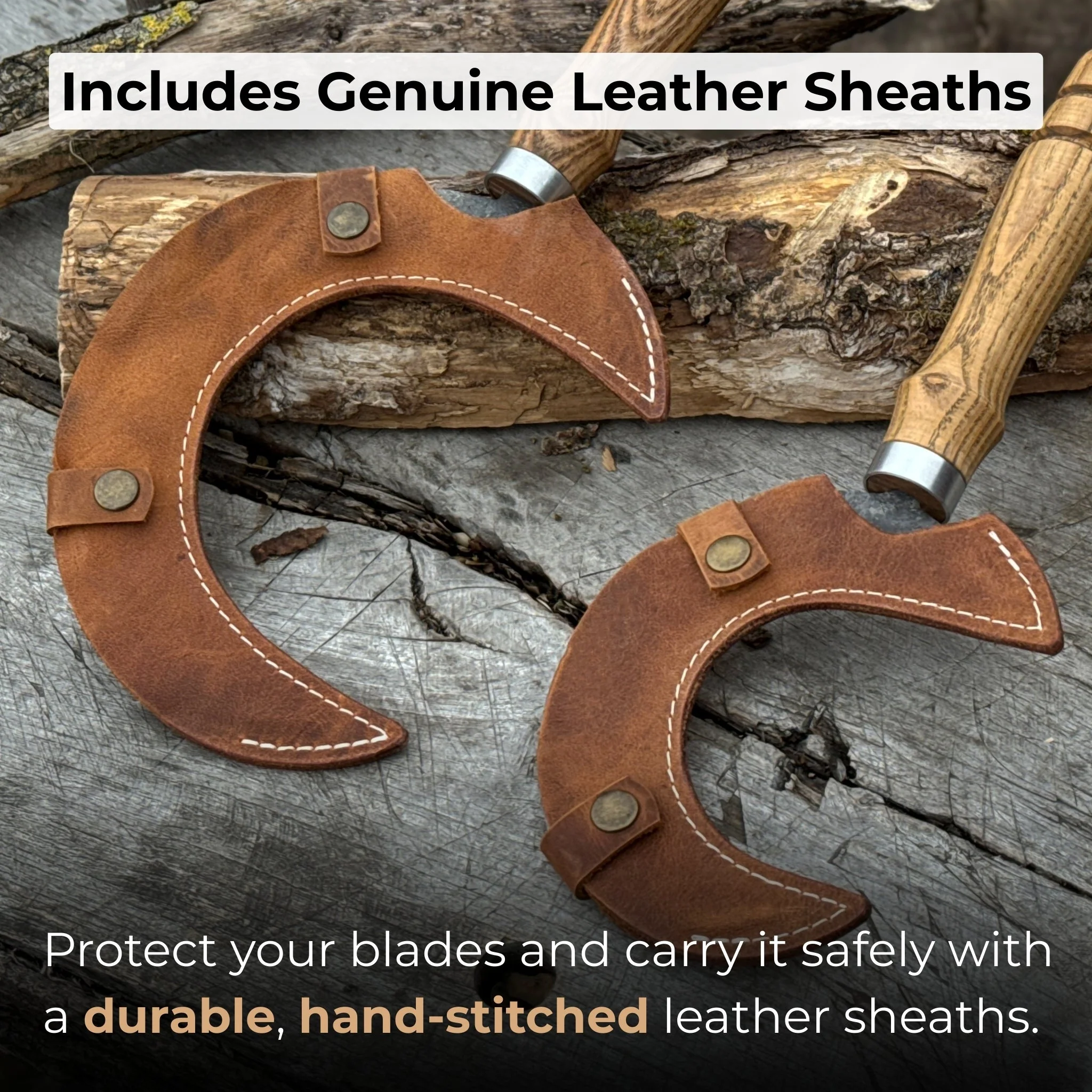 2-Piece Hand-Forged Sickle Set with Leather Sheaths for Gardening - Image 4