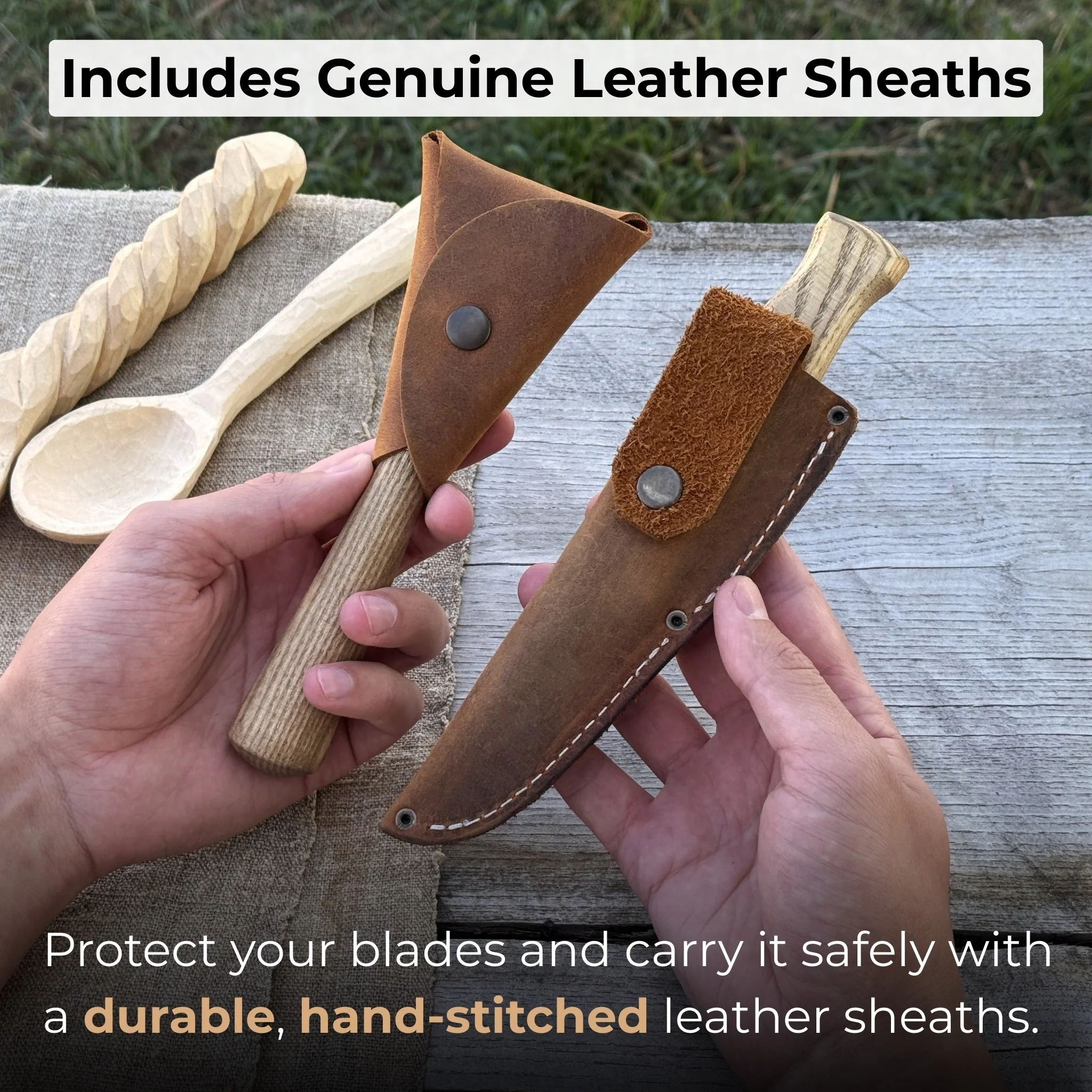 2-Piece Spoon Carving Knife Set with Leather Sheaths - Image 5