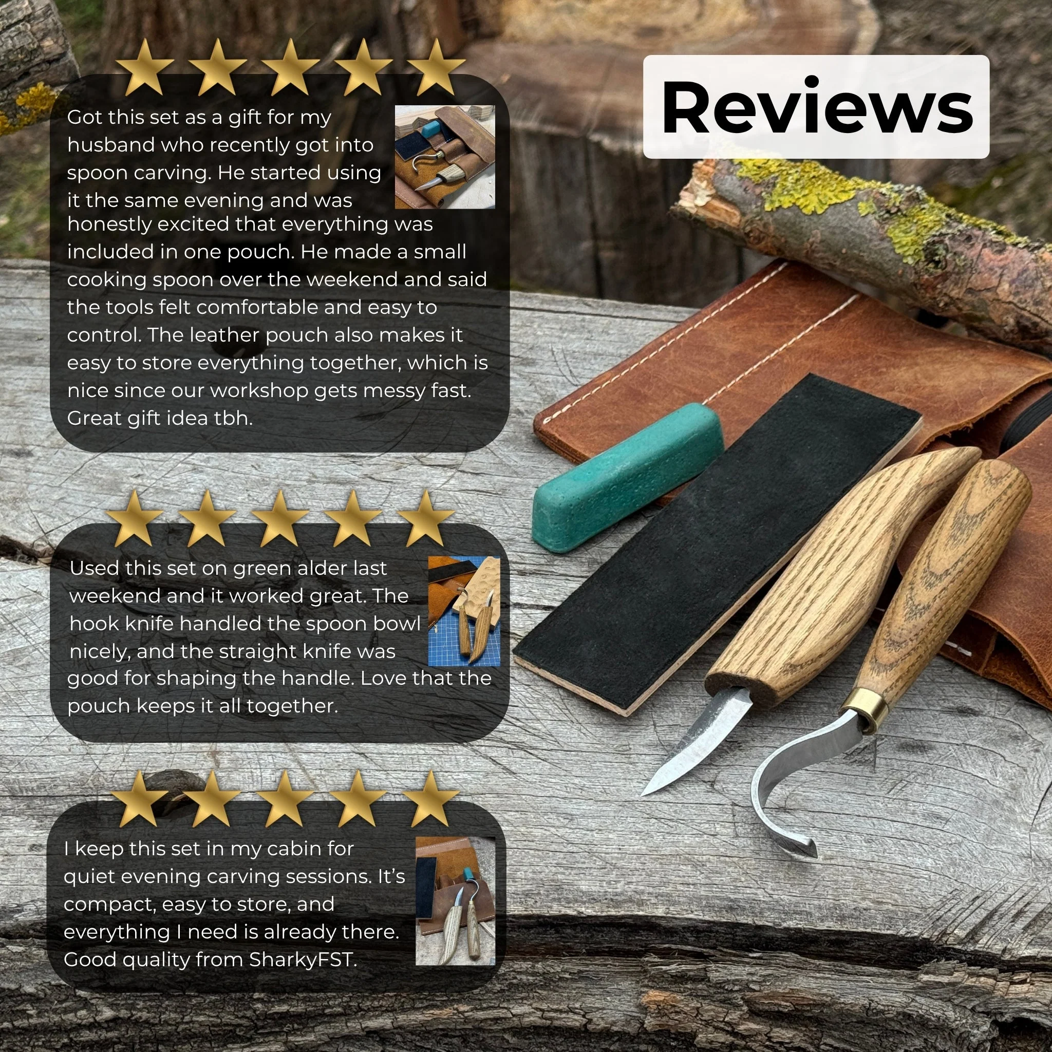 3-Piece Spoon Carving Set – Whittling Knife, Hook Knife & Sharpening Strop - Image 9