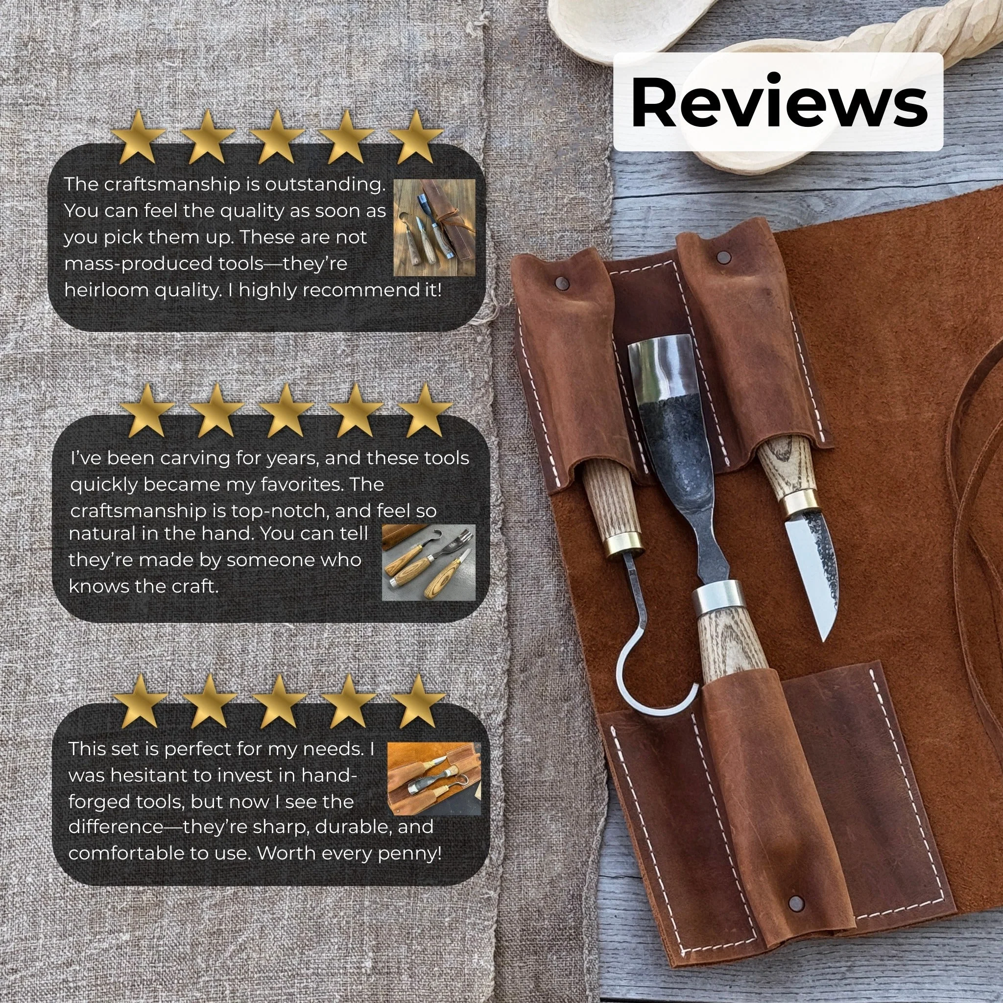 3-Piece Spoon Carving Set with Leather Roll - Image 11