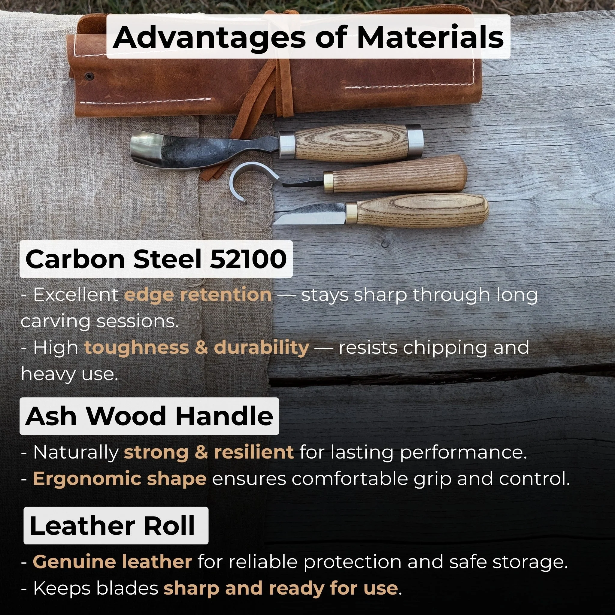 3-Piece Spoon Carving Set with Leather Roll - Image 8