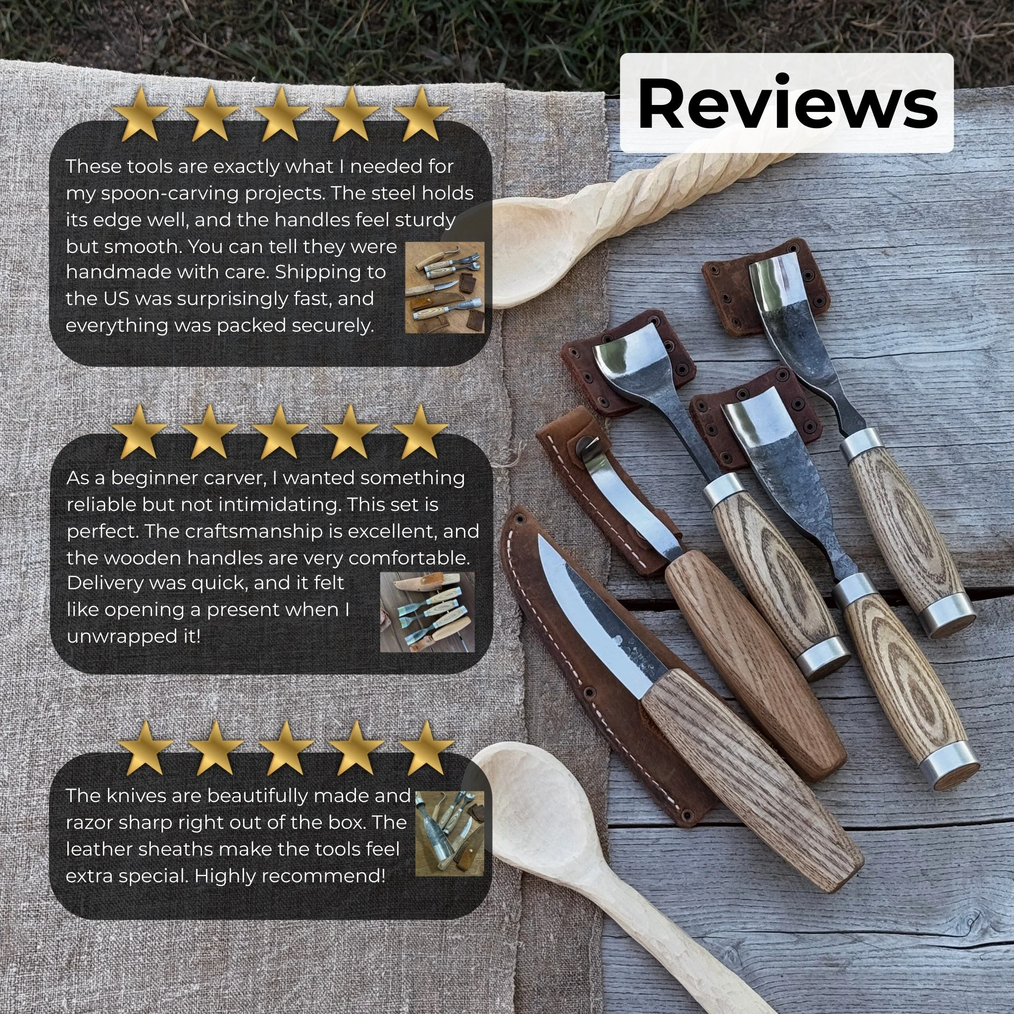 5-Piece Spoon & Bowl Carving Tool Set with Leather Sheaths - Image 11