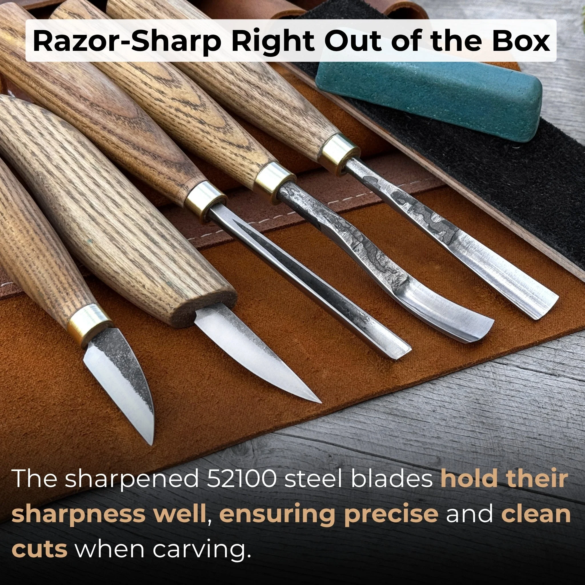 5-Piece Wood Carving Tool Set with Sharpening Board & Leather Case - Image 3